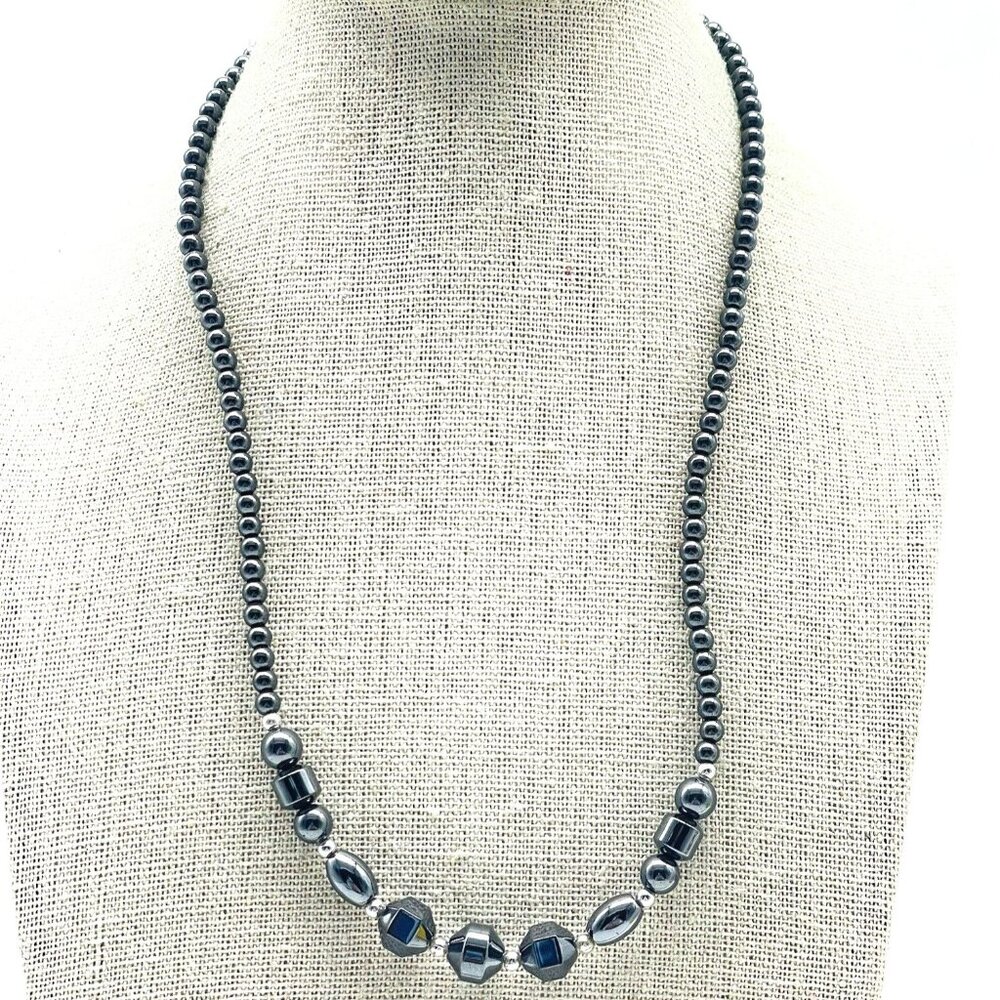 Hematite Beaded Necklace Silver Tone Graduated Statement